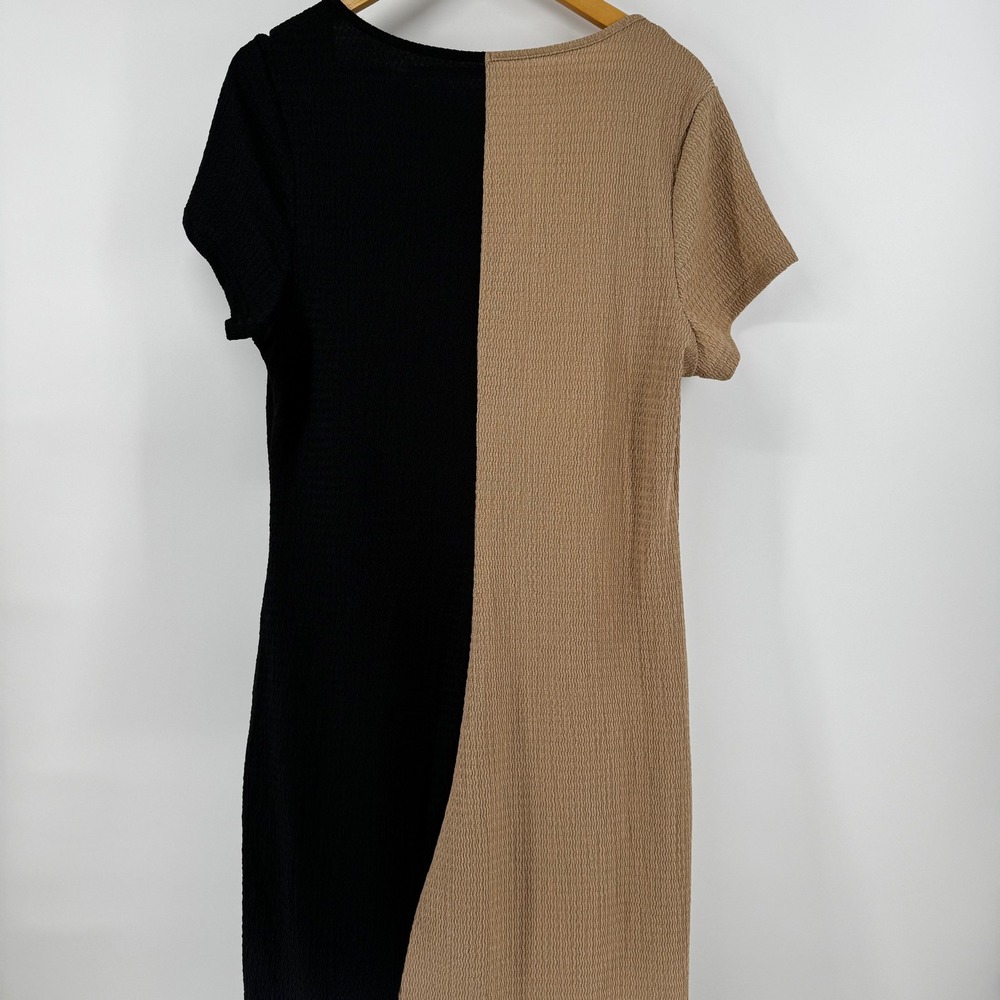 Shein Curve 2XL Maxi Dress Black Tan Color Block Slit Seersucker - Picture 9 of 10